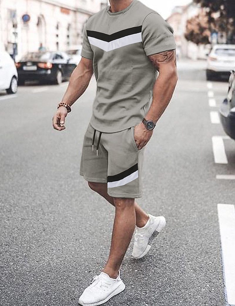 Comercio exterior europeo y americano verano nuevo estilo moda hombre simple impresión 3D a juego de color camiseta de manga corta traje de 2 piezas para hombre al por mayor