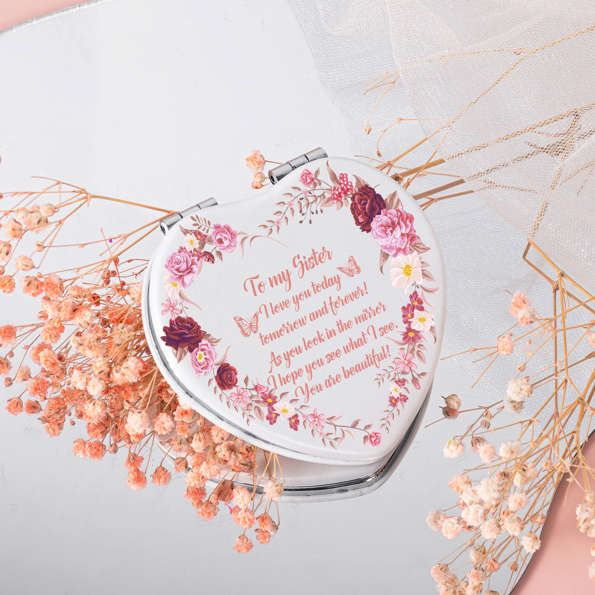 Espejo portátil con funda de PU en forma de corazón, estilo ins