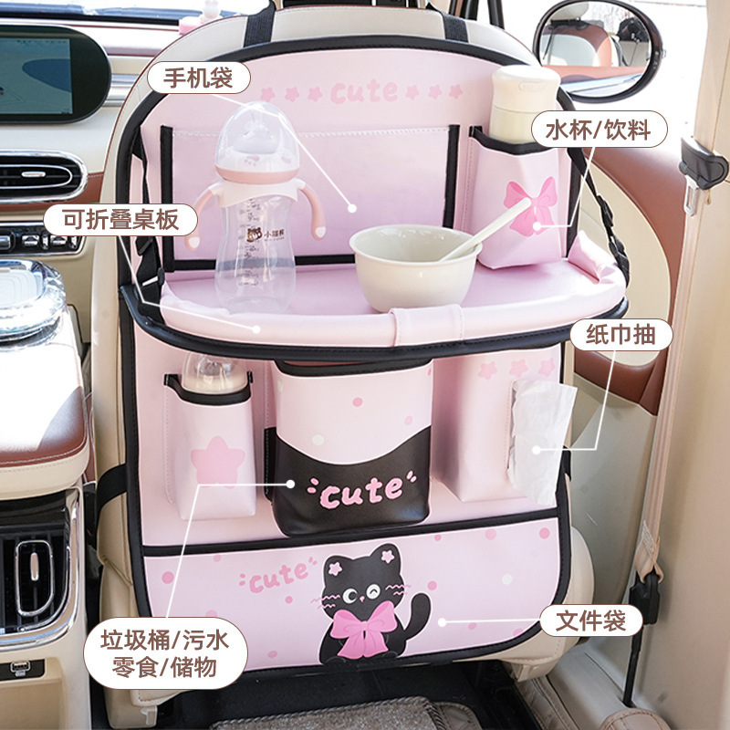 Blue Rain Cartoon Car Storage Bag Multifunctional Car Backseat Small Table Storage Hanging Bag Practical Car Trash Can