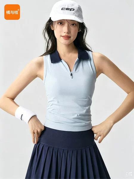 Summer new sports tennis outfit with POLO collar, chest pad, color-blocking, quick-dry, sleeveless sports top, women's tennis set