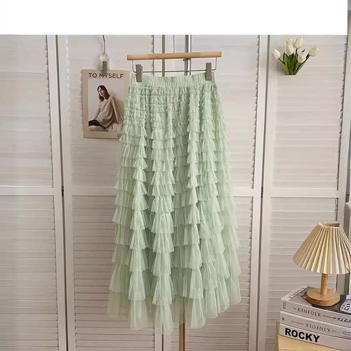 2024 spring and summer cake splicing pink high-waisted half-length solid color cake skirt loose long skirt temperament commuting skirt