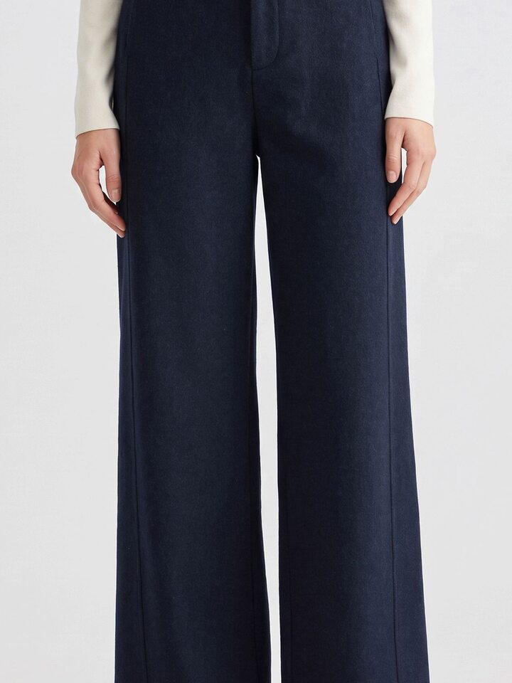 Quần ống rộng lưng cao dáng suông chất len cashmere phối len cừu — Xanh navy
