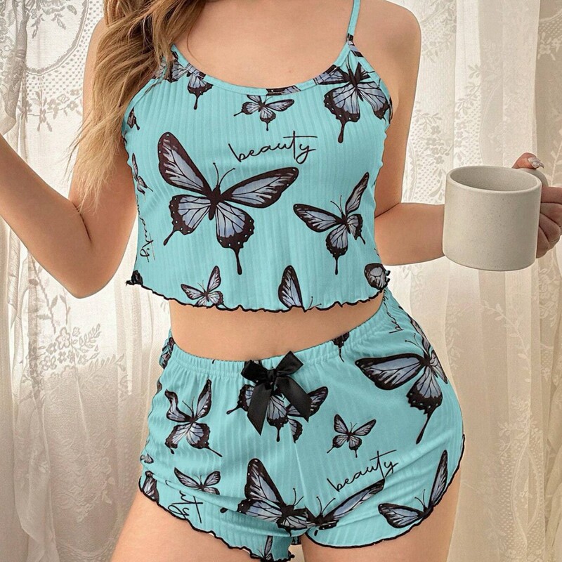 Xiyin Hot Selling Pajamas 2-Piece Set for Women Cross-Border New Butterfly Print European and American Homewear with Ribbed Pattern