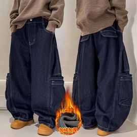 冬季中大男童加绒牛仔裤新款童装儿童男孩青少年帅气加厚牛仔裤子