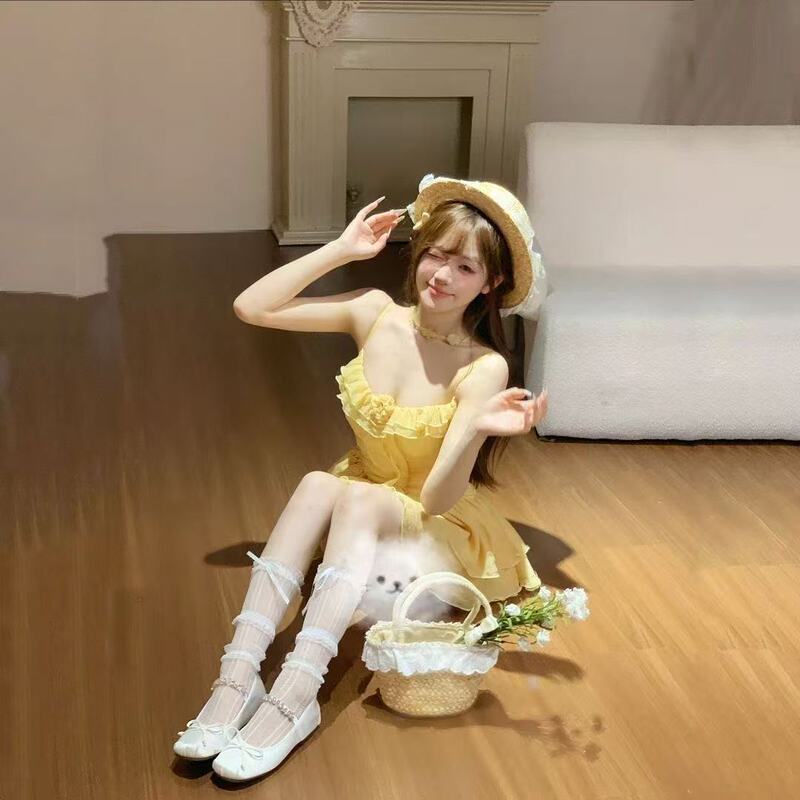 纯欲风甜美短裙夏季收腰显瘦小众设计感重工花朵不规则吊带连衣裙|undefined