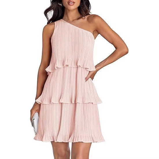 2026 European and American Amazon Independent Site Cross-Border Spring and Summer Women's Clothing One-Shoulder Layered Splicing Hem Solid Color Dress for Women