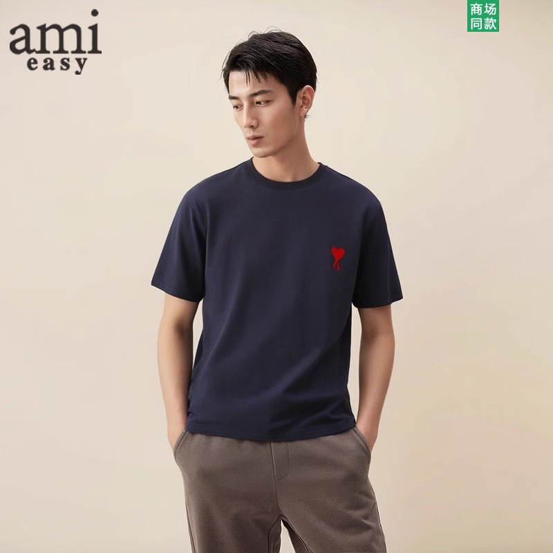 AMI&EASY 小さな愛の刺繍 Tシャツ 半袖 メンズ ゆったり オフショルダー 夏 トレンド ファッション 半袖 トップス Tシャツ|undefined