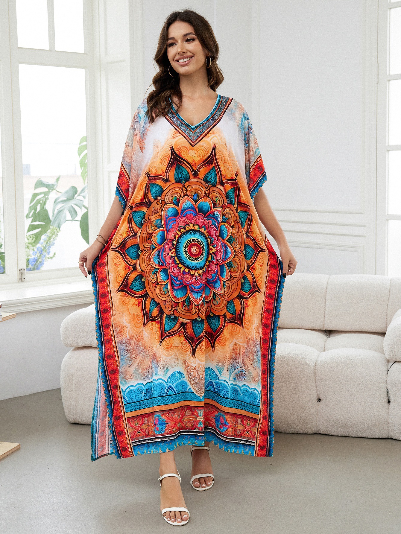 Rochie de plajă lungă kimono dama boho viscoză tie-dye_voghion.com