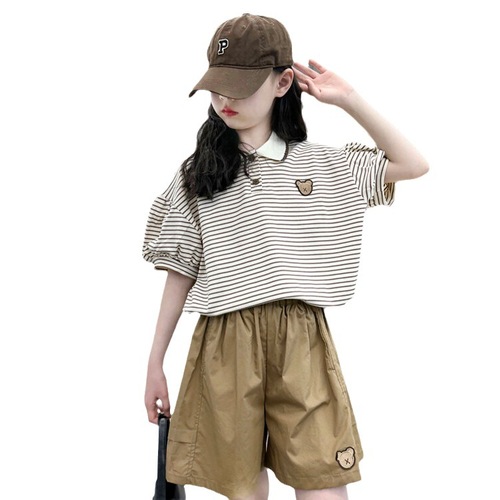 Girls navy collar striped T-shirt shorts two-piece set  new big children's doll collar top five-quarter pants set
