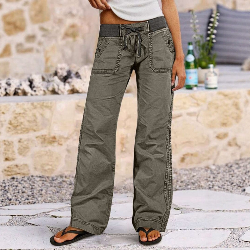 European and American Style Temu Personalized Street-Style Slim-Fit Workwear Long Pants for Women, Straight Wide-Leg Pants with Drawstring, Casual Jeans