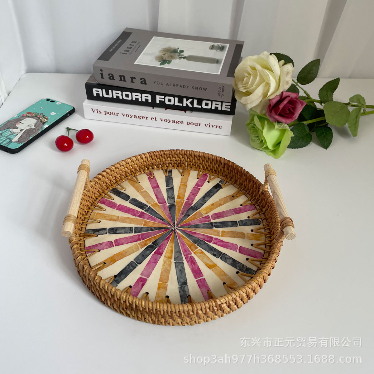 Vietnam ratán tejido Shell bandeja color Shell tejido merienda cesta de almacenamiento merienda bandeja fruta pan té bandeja