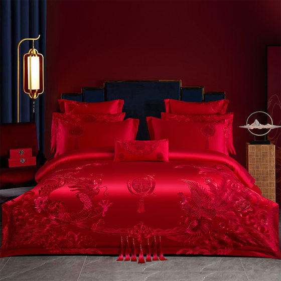 Mercury Home Textile High-end Four-piece Set Happy Bed Pure Cotton Cotton Newlywed Embroidered Bed Sheet Bed Hat Quilt Cover Bedding