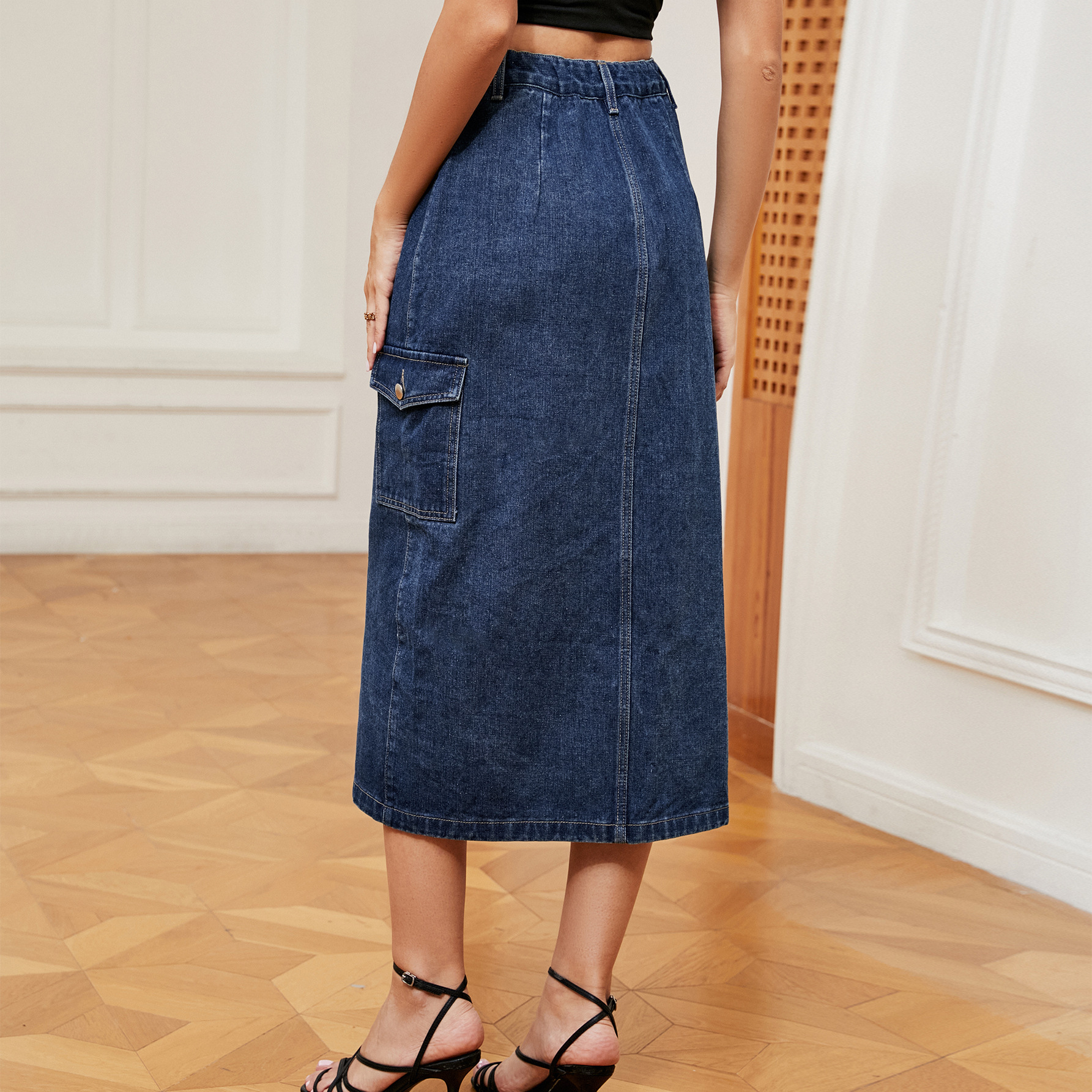 Holiday, Street Occasion Spring Autumn Streetwear Solid Color Denim Midi Dress Skirts