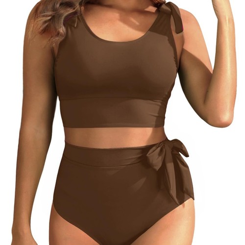 2025 Pure Color Fashionable Two-piece Bikini Women's Sexy High-waisted Sports Swimsuit, European and American Style