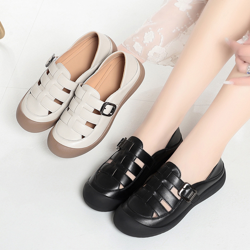 Sandal nữ mũi nhọn da bò thật đế dày thoáng khí — đen