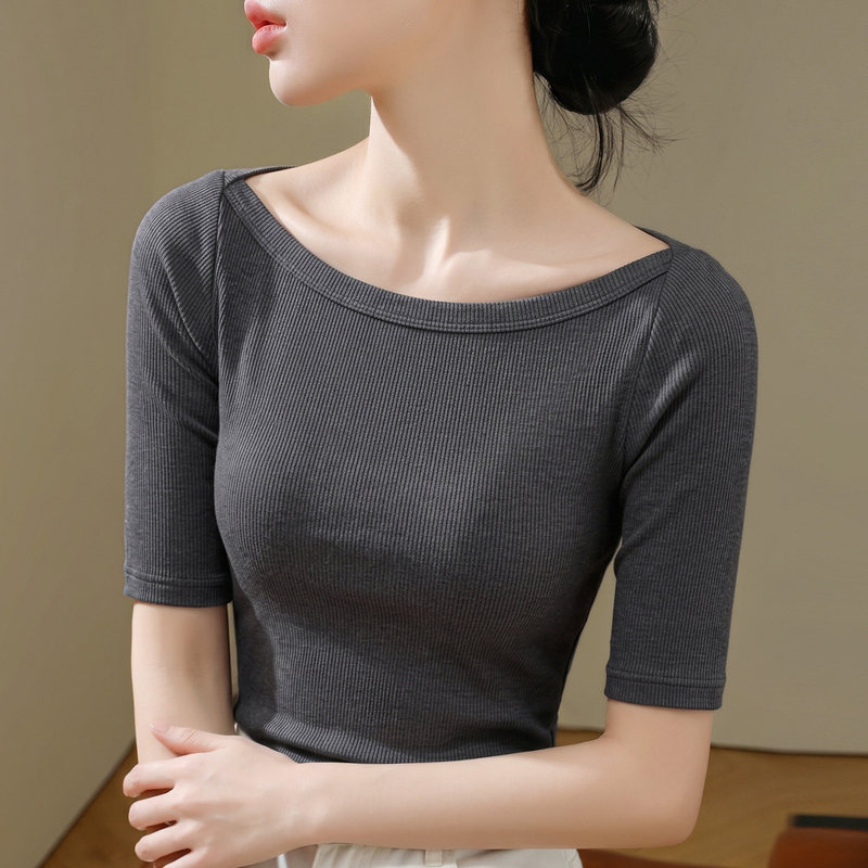 Gray mid-sleeve women's t-shirt 2026 new spring and autumn slim-fit off-shoulder Tencel modal three-quarter sleeve high-end top Gray mid-sleeve women's t-shirt 2026 new spring and autumn slim-fit off-shoulder Tencel modal three-quarter sleeve high-end top