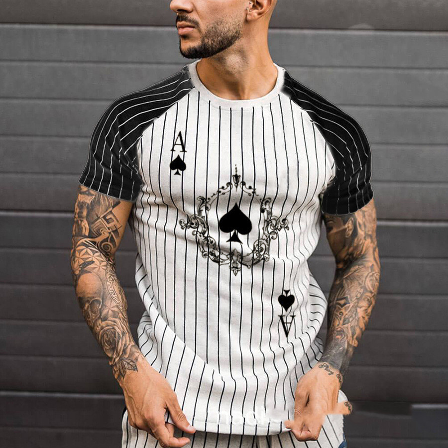 2024 Summer New 3D Printed Spade A Stripe Contrast Men's Short sleeved Casual Round Neck T-shirt_voghion.com