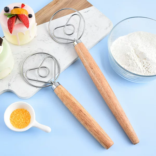 Manual Oak Handle Flour Stirring Stick 430 304 Stainless Steel Coil Noodle Stirrer Household Noodle Stirring Stick Baking