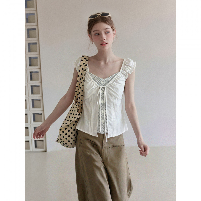 Real shot, real price: French sweet style faux two-piece short-sleeve shirt for women, summer shirt with a stylish design and slim fit