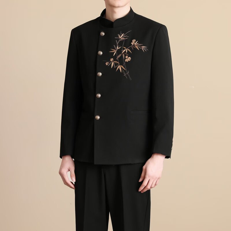 New Chinese-Style Men's Clothing, Chinese-Style Loose-Fitting Bamboo Shoulder-Padded Suit Jacket, Men's Zhongshan Suit Top with Stand Collar