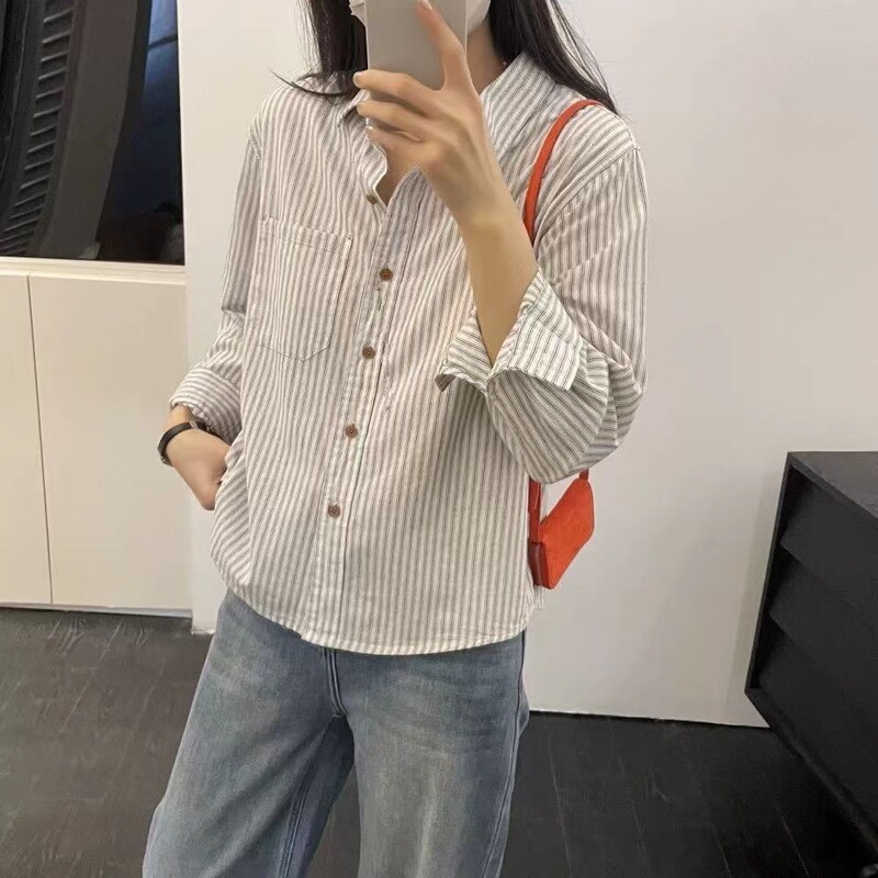 Petite Striped Shirt Versatile 2025 New Slim Casual Shirt Loose Spring and Autumn Retro Long-Sleeve Top Petite Striped Shirt Versatile 2025 New Slim Casual Shirt Loose Spring and Autumn Retro Long-Sleeve Top