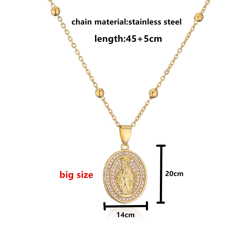 Micro Inlaid Zircon Oval Virgin Mary Pendant Stainless Steel Necklace