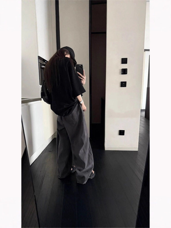 炒色工艺灰色香蕉牛仔裤女宽松显瘦高腰春秋新款阔腿裤休闲长裤|undefined