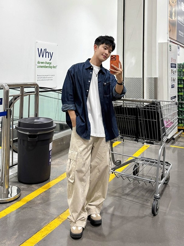蓝色牛仔衬衫长袖男生2025秋季设计感百搭纯色外套休闲上衣衬衣|undefined