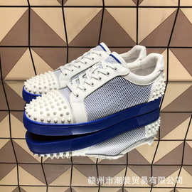 cl andgz白色网格鞋头钉蓝色底低帮红底鞋男鞋铆钉休闲板鞋女鞋