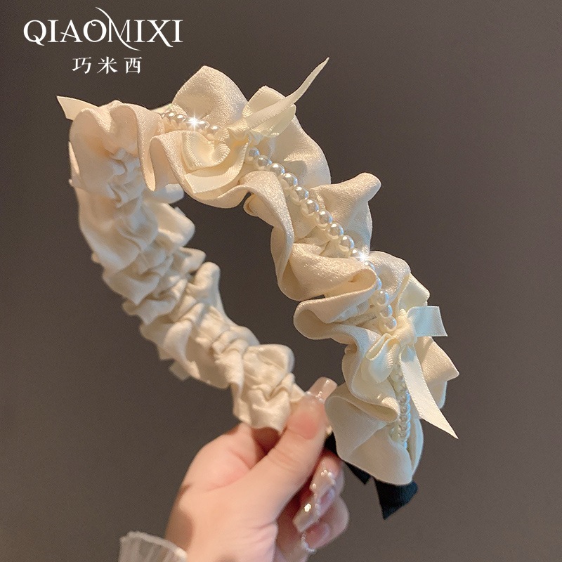 Verano coreano nuevo satén auricular borde perla temperamento dulce alta cráneo craneal tarjeta de cabello simple brazalete de cabeza universal