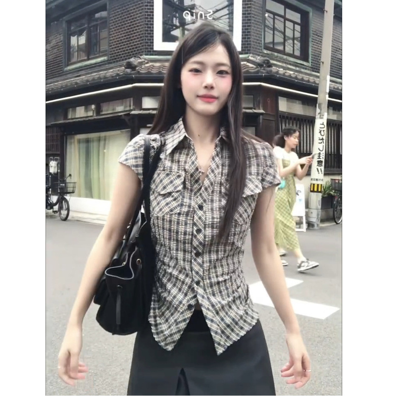 MR【原版格子】韩系复古格子掐腰衬衫女夏季设计感修身短款衬衣上|undefined