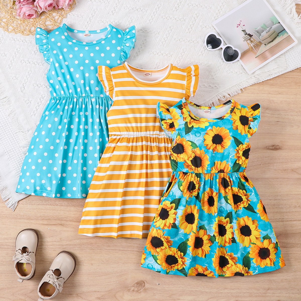 Girl's Skirt Summer Foreign Trade Wholesale Sunflower Printed Sleeveless Skirt Striped Skirt Poll Dot Skirt Three-piece Set