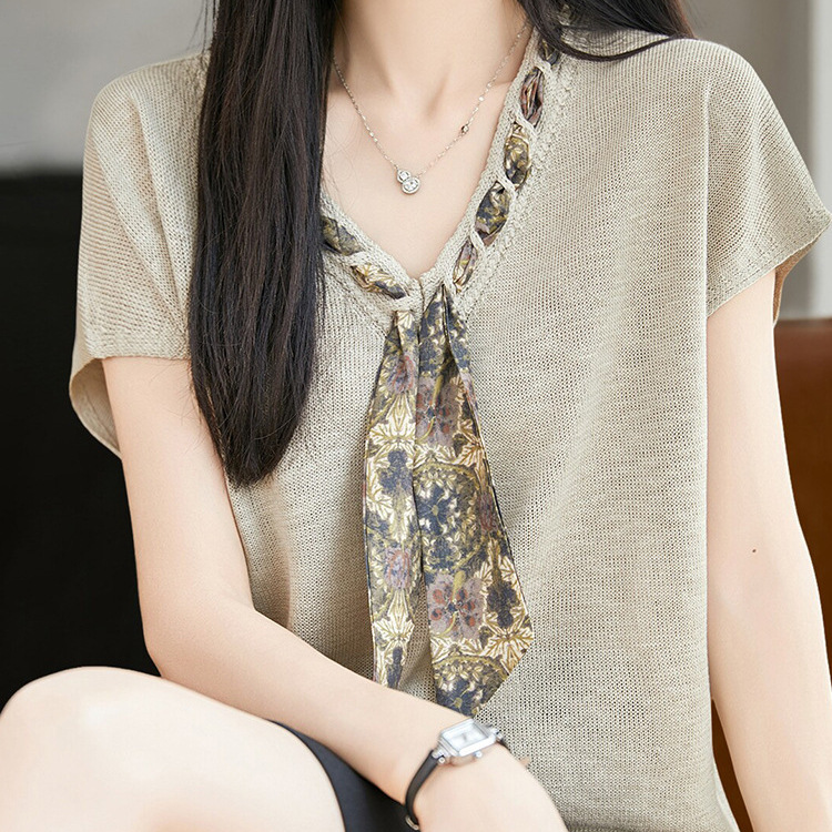 Lace-Up Scarf V-Neck Hollow-Out Knitted Short-Sleeve T-Shirt for Women, Summer Thin Ice Silk Knit Top, Plus-Size Women's Clothing