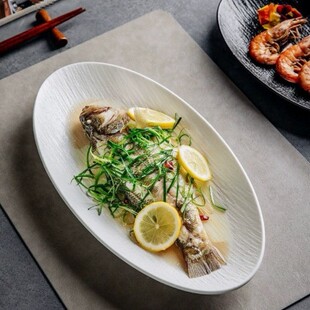 Ceramic Simple Fish Plate High-grade Household Steamed Fish Plate Large Fish Plate with Stone Pattern Oval Plate