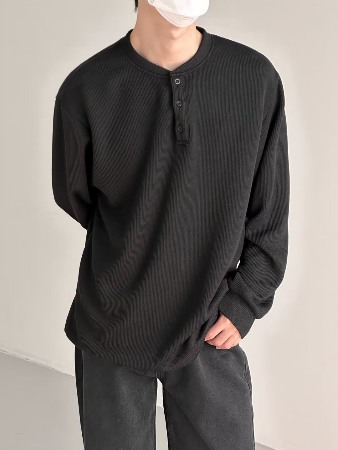 Herrenbekleidung Langarm-T-Shirt, Waffelstrick-Henley-Langarm-T-Shirt für Herren - Strukturierter, lässiger Arbeitspullover mit Knopfleiste_voghion.com