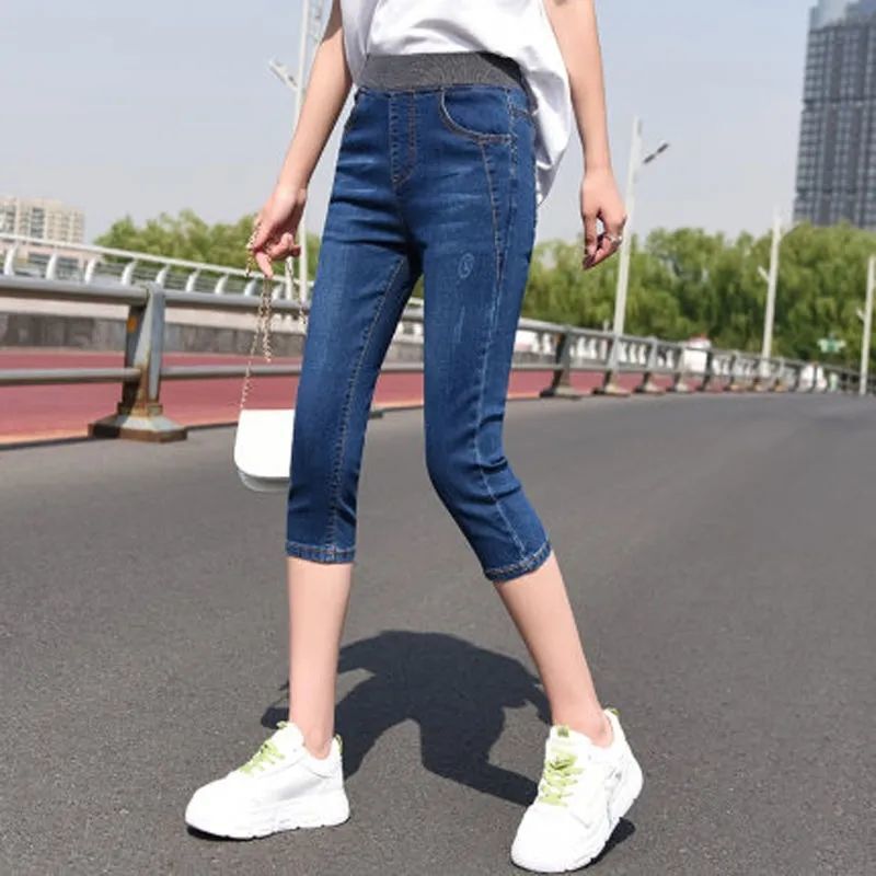 Cross-border Large Size High-waisted Jeans for Women 2024 New Spring and Summer Elastic Slimming Look Small Feet Cropped Pants Wholesale