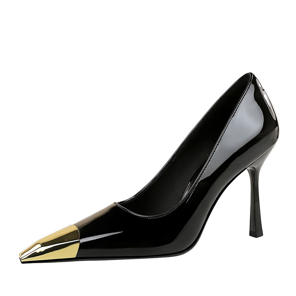 2628-1 Korean version metal square toe high-heeled shoes with shallow mouth and fine detail, women's patent leather shiny surface, party super high-heeled women's shoes