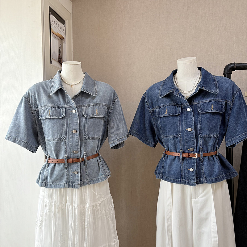 [Bizheng] 2026 Spring/Summer New Korean Style Retro Chic Waist-Cinching Slimming Versatile Short-Sleeve Denim Shirt for Women 6251