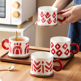 Japanese Retro Hand-Painted Underglaze Red Festive Mug Ceramic Water Cup Large Capacity Coffee Cup Milk Vintage Style