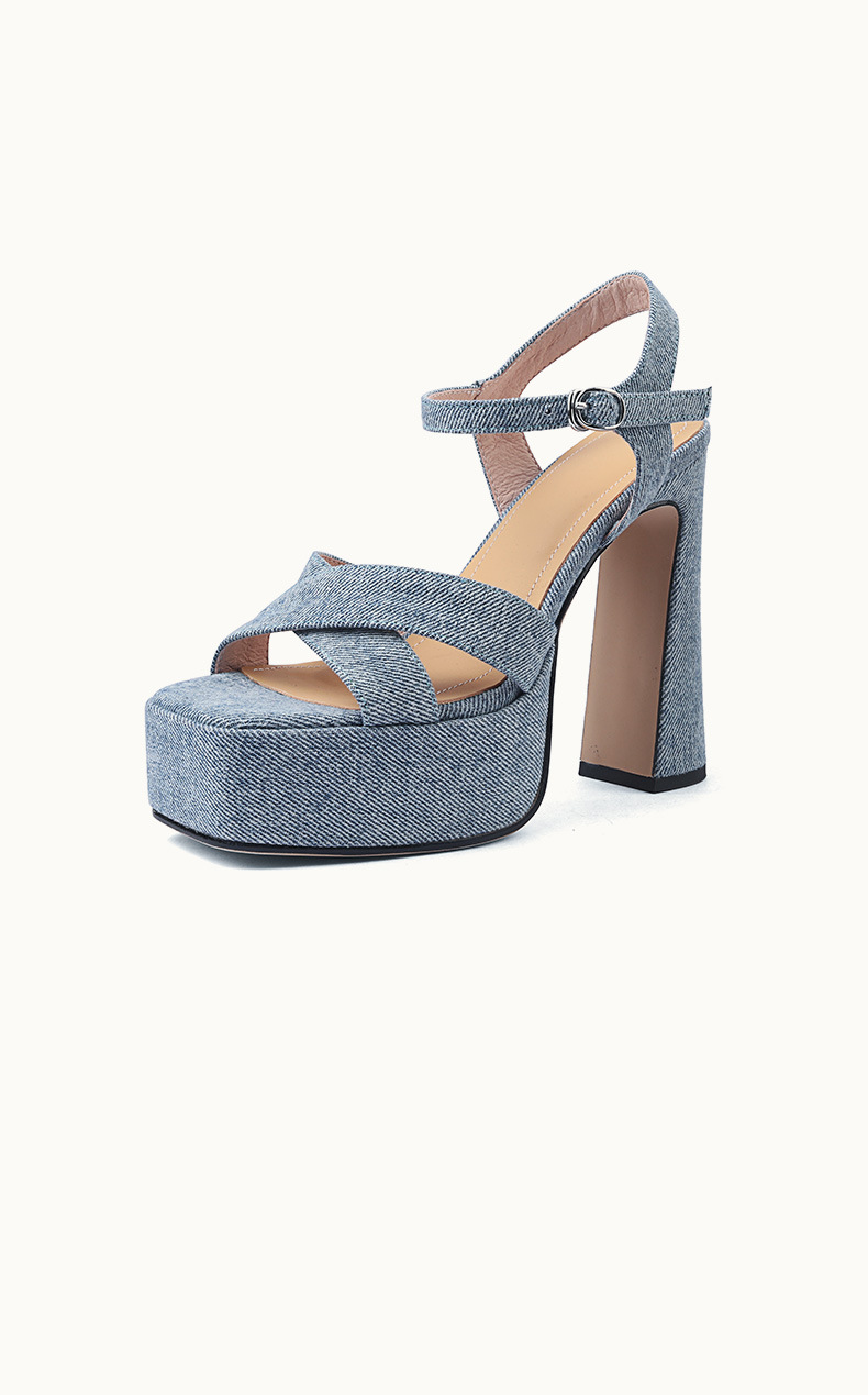 Sandal cao gót denim mũi vuông hở ngón đế dày gót thô — Vải bò màu xanh chi tiết 9