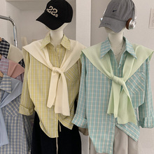 欧玛莱 翻领单排扣长袖格子中长款衬衫搭针织披肩两件套上衣 6530