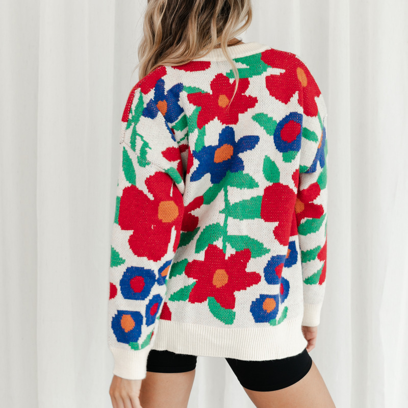 Women's new large flower embroidered round neck loose long-sleeved knitted sweater pullover for women_voghion.com