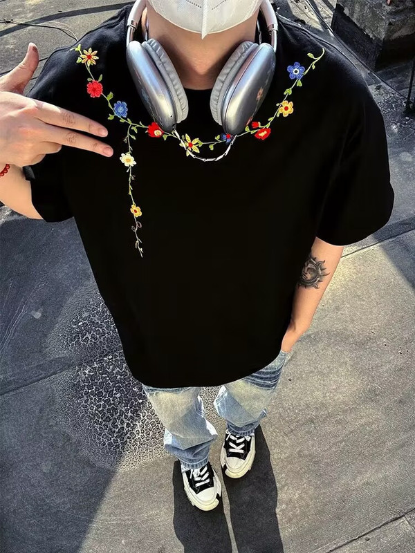 アメリカ式高街重ポンド刺繍純綿つる半袖tシャツ男夏新作潮牌半袖ゆるい上着女|undefined