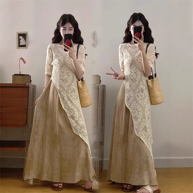 Summer Outfit Set for Women Plus Size, Lace Overlay Blouse Layered with a Camisole Dress, Korean Style High-End Two-Piece Set Summer Outfit Set for Women Plus Size, Lace Overlay Blouse Layered with a Camisole Dress, Korean Style High-End Two-Piece Set