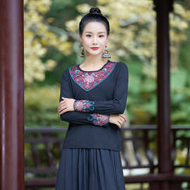 民族风刺绣T恤女装上衣春装新款中国风圆领显瘦复古长袖女打底衫