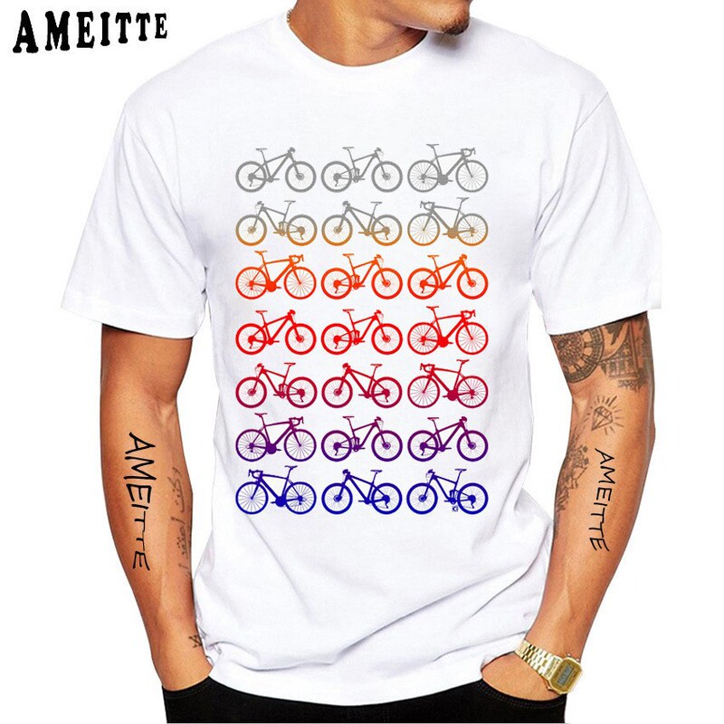 Rainbow Gradient Sunrise Silhouette Cycling Ink Wash Road Bike Short-Sleeve T-Shirt White Rainbow Pattern Mountain Bike Casual Wear