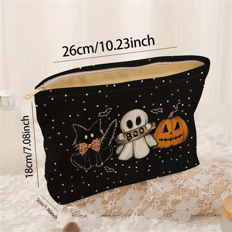 SHEINアマゾンTEMUハロウィーンカボチャ幽霊模様コーデュロイジッパー収納袋軽量化粧バッグ|undefined