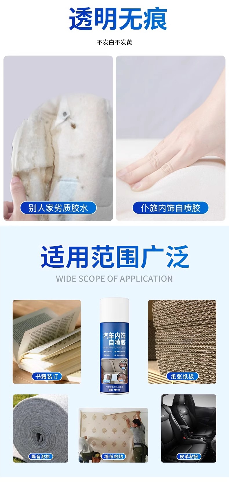 Special Adhesive for Repairing Car Headliner Fabric Detachment, No Need to Dismantle the Roof Fabric, Self-Adhesive Spray Glue for Modification and Renovation, Clips