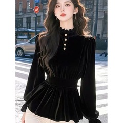 2025新型の軽くて豪華で独特な超美しい上着の気質の高級感の黒い立襟のベルベットのシャツの女性の春