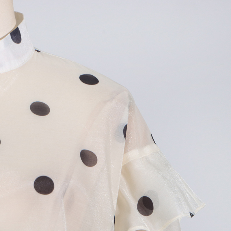 Australian Show Polka Dot Set Women Trendy Scarf Collar Ruffled Shirt Top Long Skirt Sets